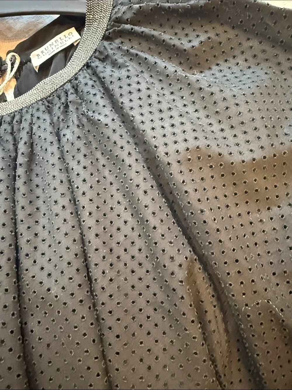 Brunello Cucinelli Black Eyelet Peasant Blouse with Silver Trim